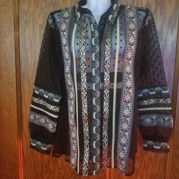 Chico’s Sheer Polka Dot Tulle Button Front Shirt Ribbon Trim Black  Sz OOp - Picture 2 of 5